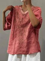 Floral Embroidery V-neck Loose Casual Shirt