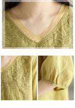Floral Embroidery V-neck Loose Casual Shirt