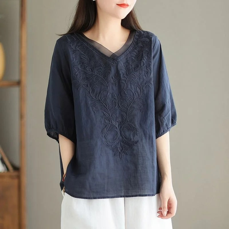 Floral Embroidery V-neck Loose Casual Shirt