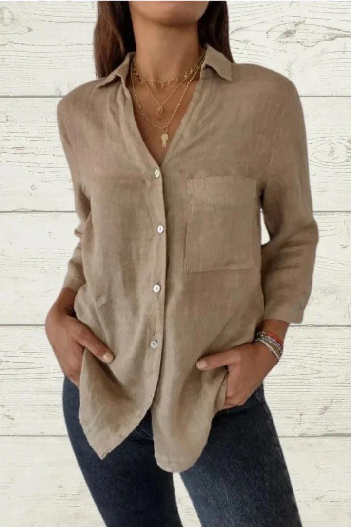 Plain Shawl Collar 3/4 Sleeves Cotton Loose Shirt