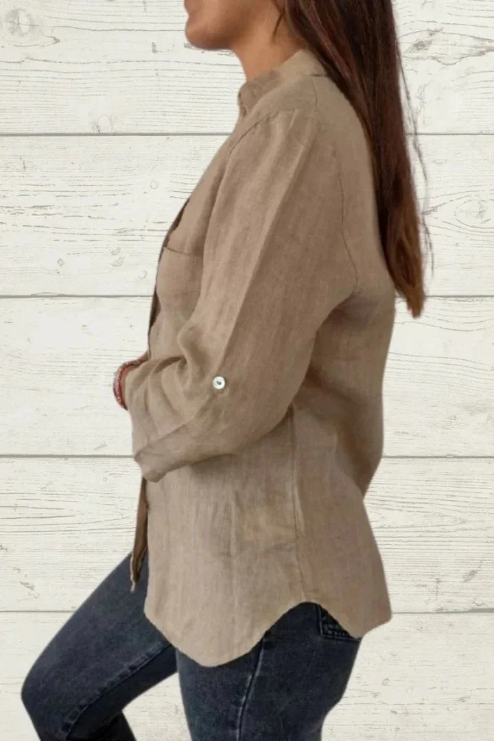 Plain Shawl Collar 3/4 Sleeves Cotton Loose Shirt