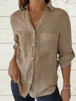 Plain Shawl Collar 3/4 Sleeves Cotton Loose Shirt