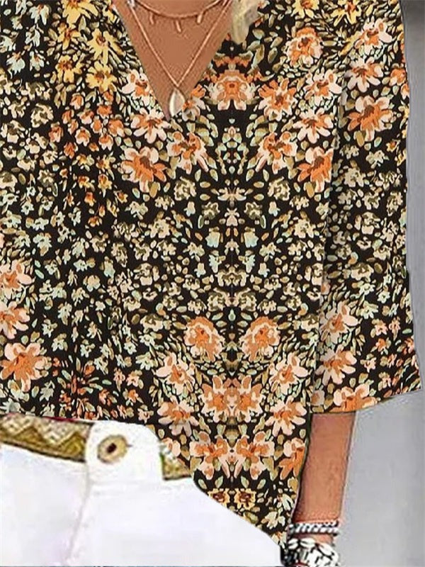 Lässige Bluse mit Blumenmuster und lockerer Passform, V-Ausschnitt