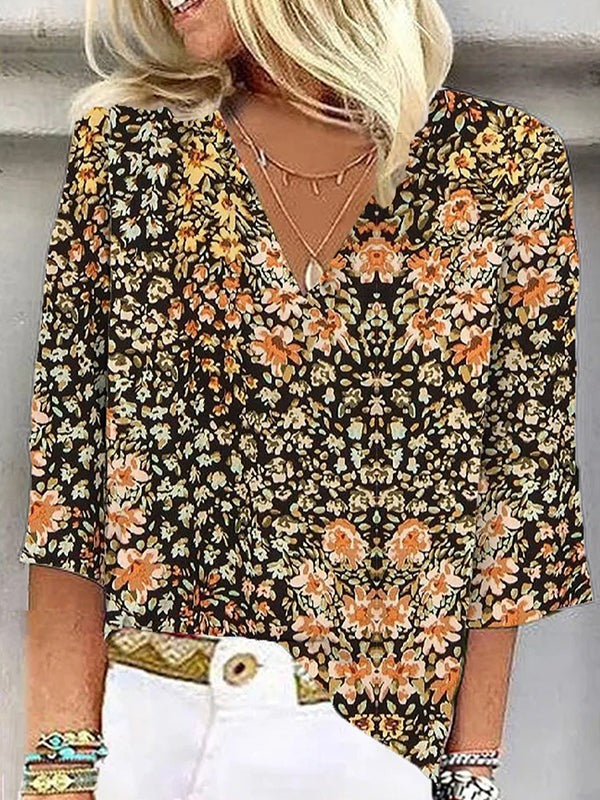 Lässige Bluse mit Blumenmuster und lockerer Passform, V-Ausschnitt