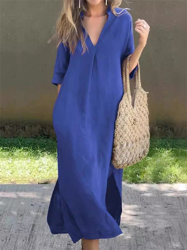 Plain Casual Loose Fit V Neck Dress