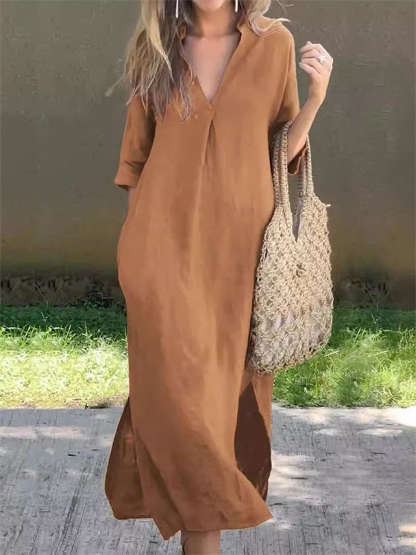 Plain Casual Loose Fit V Neck Dress