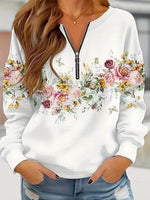 White Casual Zip V Neck Long Sleeve Relaxed Sweatshirt