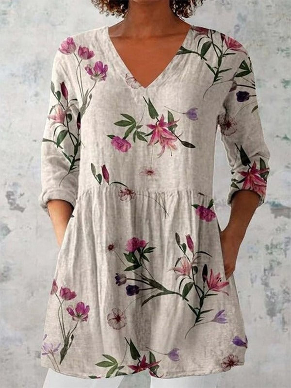 Casual Floral Print V Neck Everyday Blouse