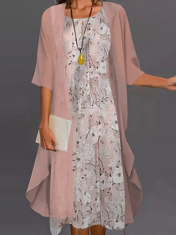 Casual Floral Print Two Piece Jacket Midi Dress