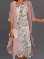 Casual Floral Print Two Piece Jacket Midi Dress