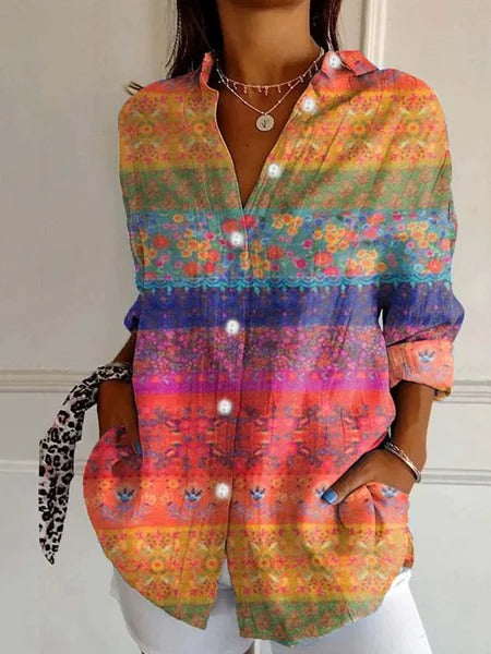 Color Block Geometry Print Shirt Collar Long Sleeve Casual Shirt