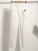 Casual Plain Pocket Stitching Cotton Elastic Waist H-Line Straight Pants