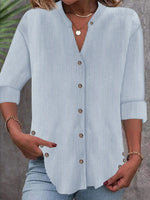 Striped Notched Long Sleeve Regular Loose Shirt