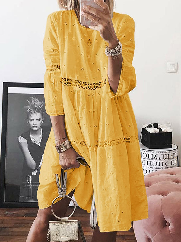 Crew Neck 3/4 Sleeves Cotton Loose Fit Comfy Midi Dress