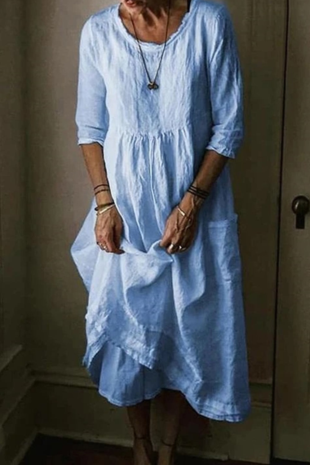 Cotton Crew Neck Half Sleeve Pocket Casual Maxi Dress