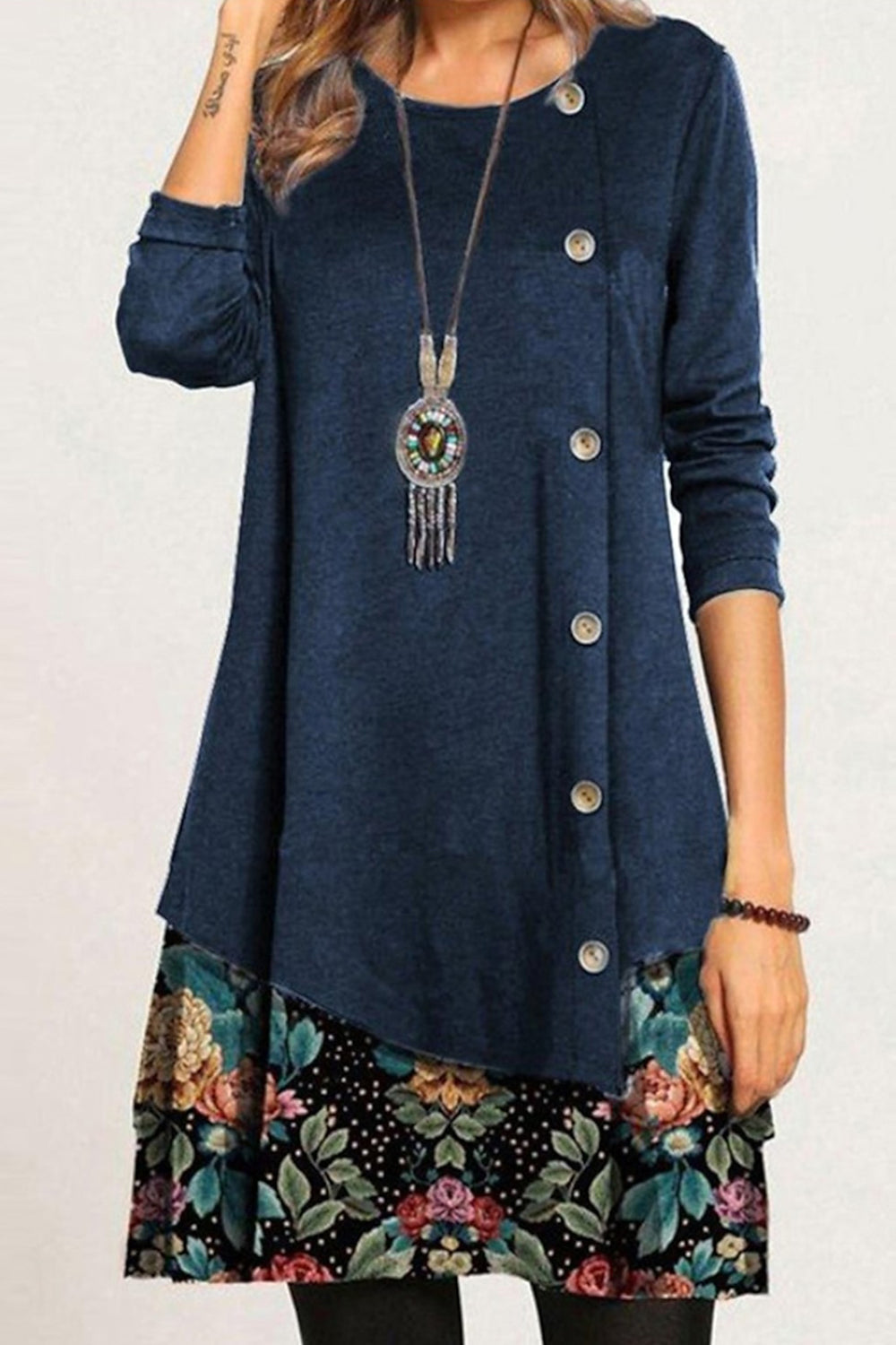 Elegant Floral Crew Neck Long Sleeve Loose Button Mini Dress