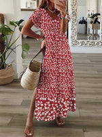 Vacation Flora V-neck Short Sleeve Loose Maxi Dress