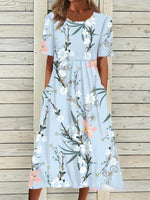 Floral Crew Neck Short Sleeve Midi Dress