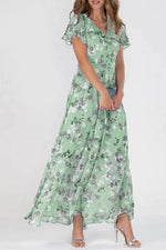 Floral V Neck Short Sleeve Chiffon Ruffle Maxi Dress