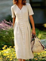 Casual Plain Dress Cotton Linen Midi Dress