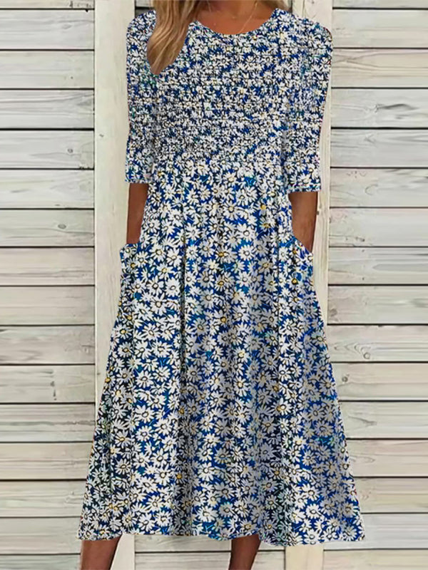 Casual Floral Crew Neck Half Sleeve Smocked Midi Dress