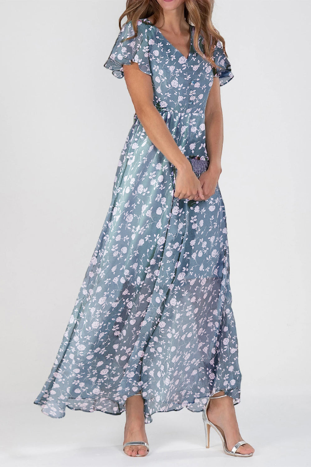 Floral V Neck Short Sleeve Chiffon Maxi Dress