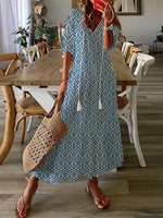 Elegent Geometric Half Sleeve V Neck Tassel Casual Maxi Dress