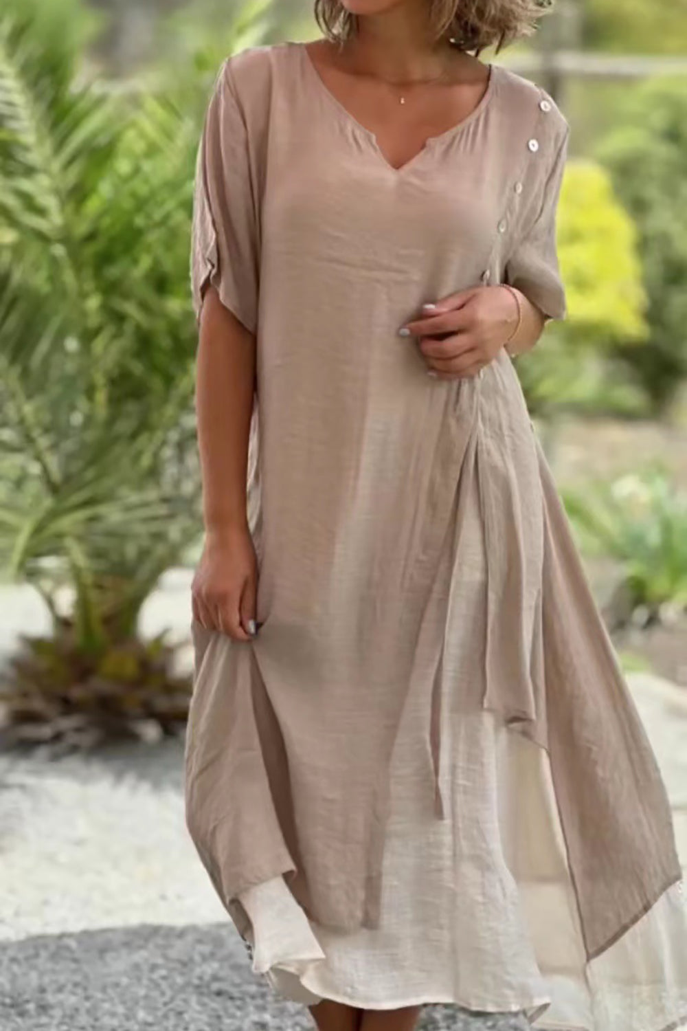 Casual Loose V Neck Short Sleeve Fake Two Piece Asymmetrical Dress