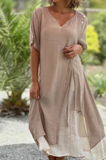 Casual Loose V Neck Short Sleeve Fake Two Piece Asymmetrical Dress