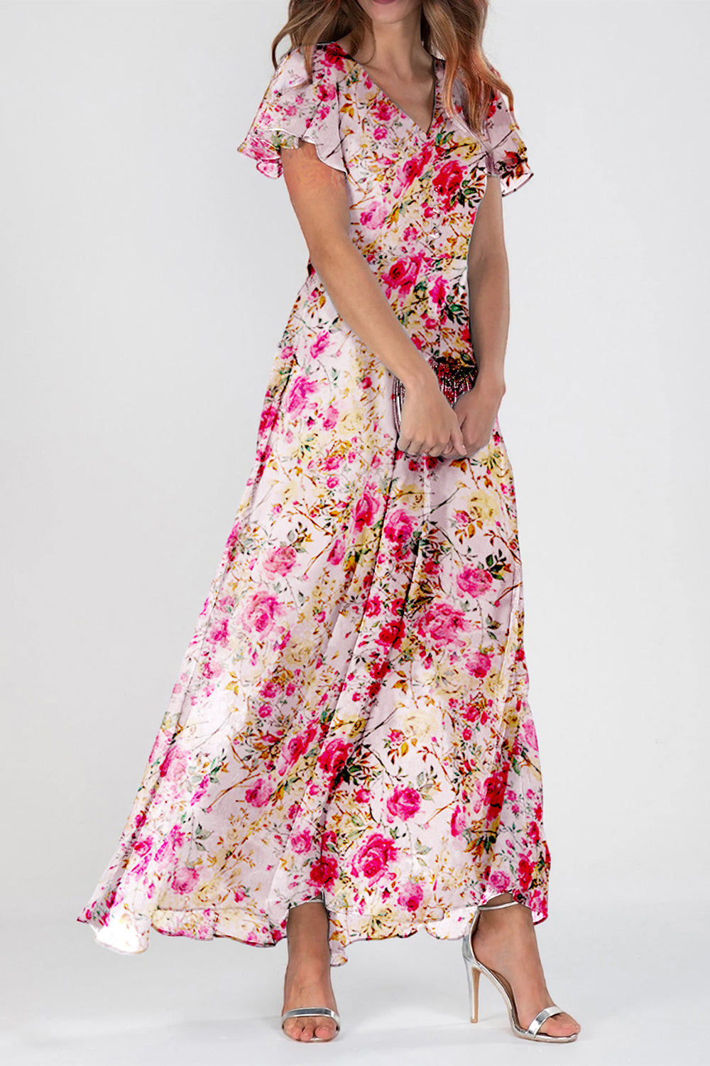 Floral V Neck Short Sleeve Chiffon Maxi Dress