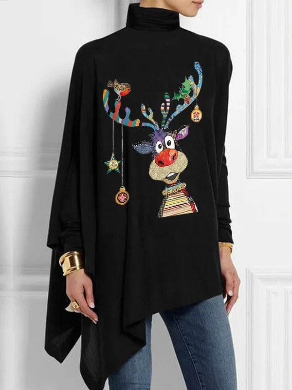 Turtleneck Cartoon Reindeer Print Top