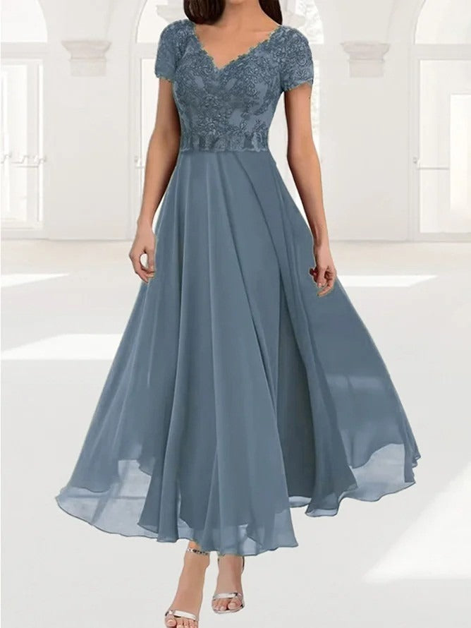Plain Lace Chiffon V-neck Short Sleeve Comfy Maxi Dress– CURVECOMFY