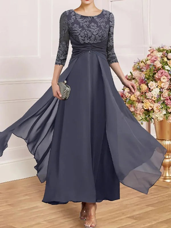 Elegant Crew Neck 3/4 Sleeves Maxi Dress