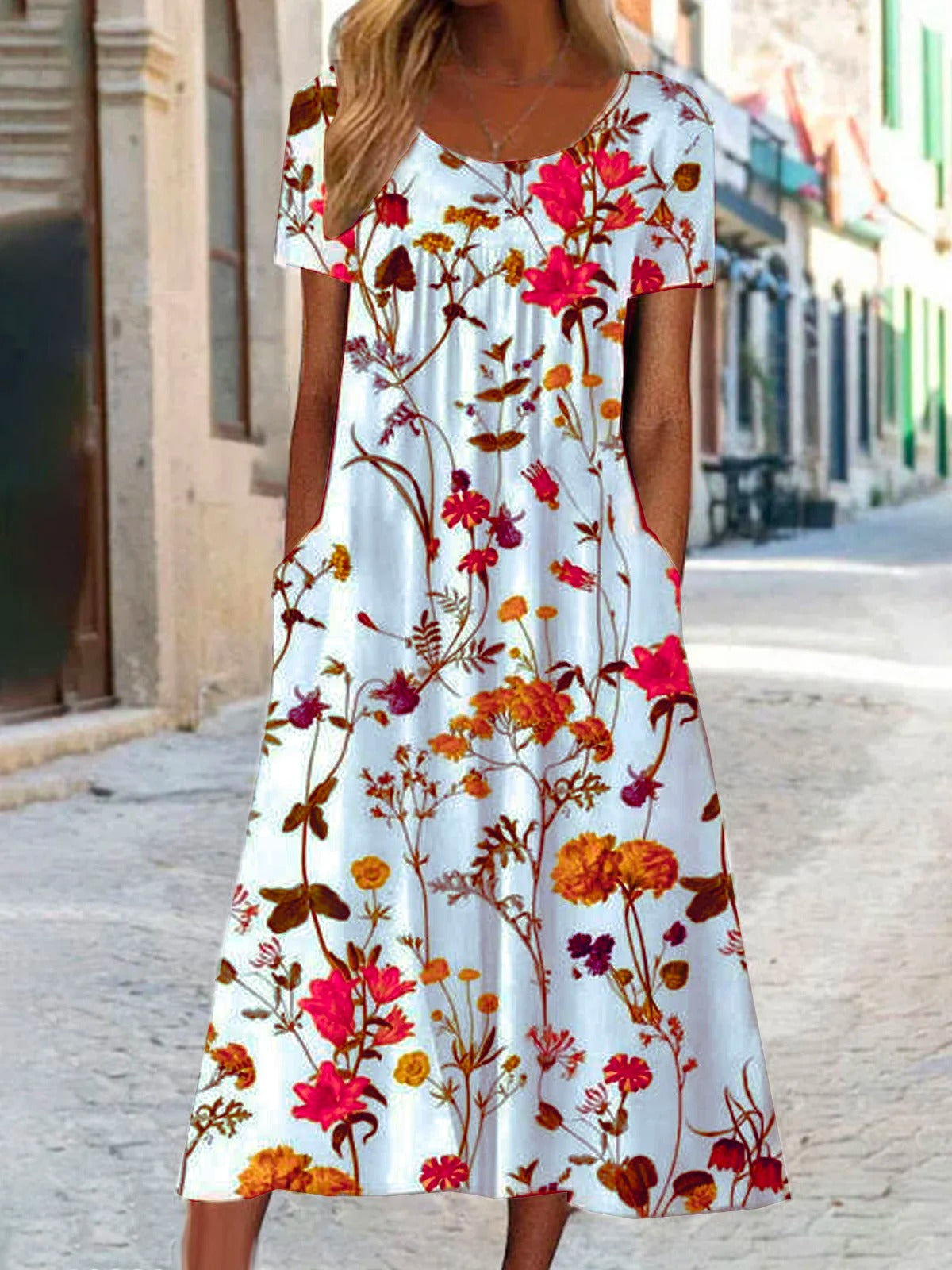 Disty Floral Crew Neck Short Sleeve Loose Midi Dress
