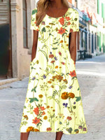 Disty Floral Crew Neck Short Sleeve Loose Midi Dress