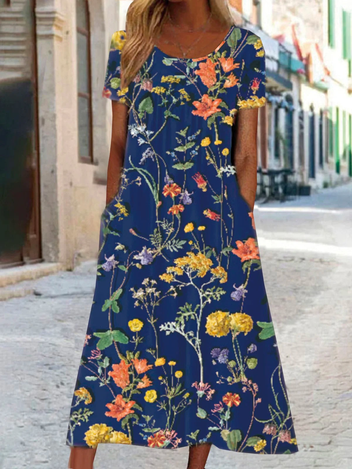 Disty Floral Crew Neck Short Sleeve Loose Midi Dress