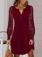 Plain V-neck Long Sleeve Comfy Lace Mini Dress