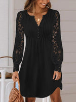 Plain V-neck Long Sleeve Comfy Lace Mini Dress