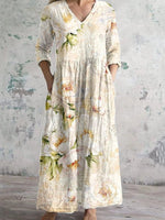 Floral Art Printing V Neck Long Sleeve Comfy Maxi Dress