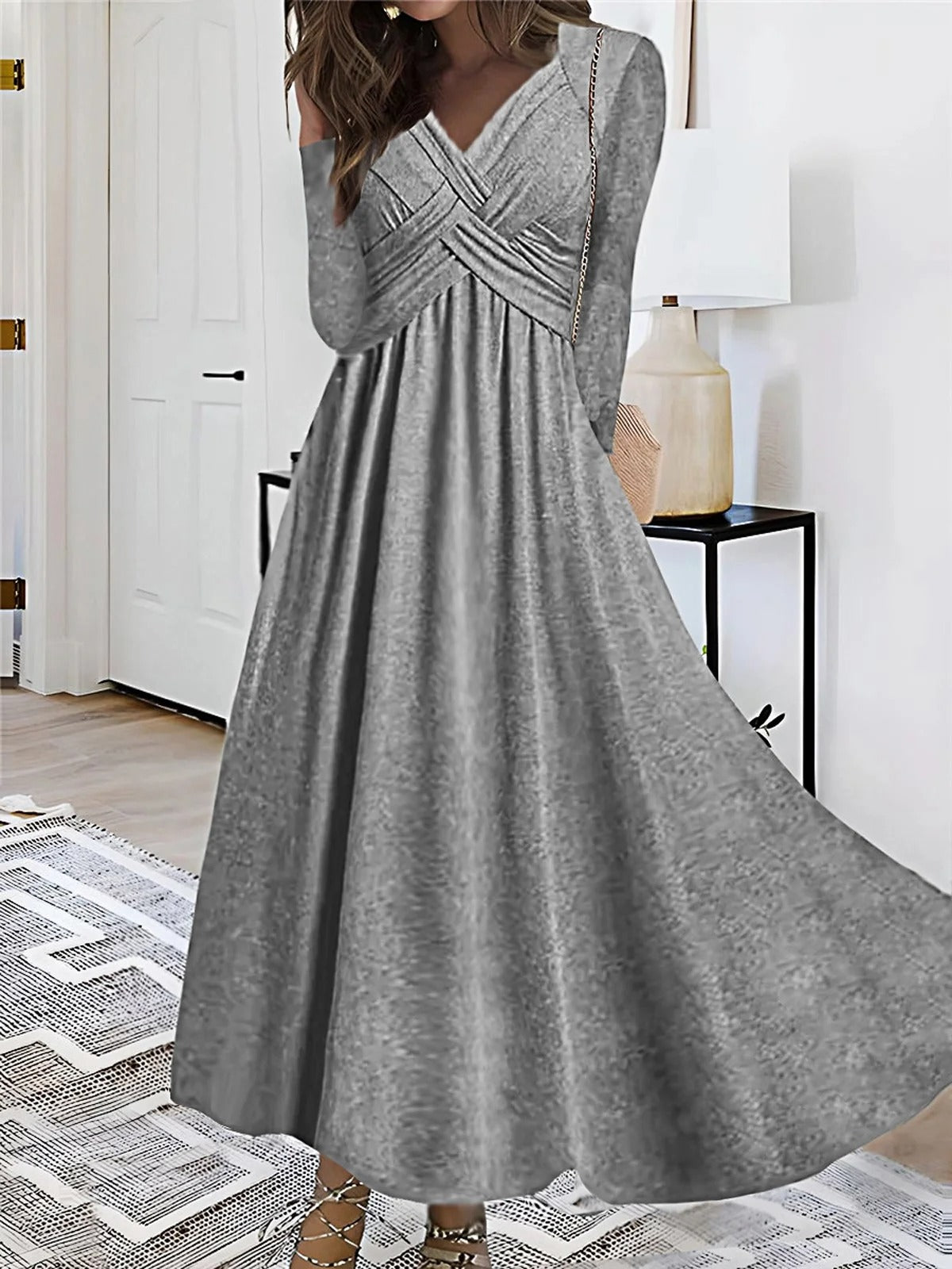 Casual Plain V Neck Long Sleeve Comfy Maxi Dress