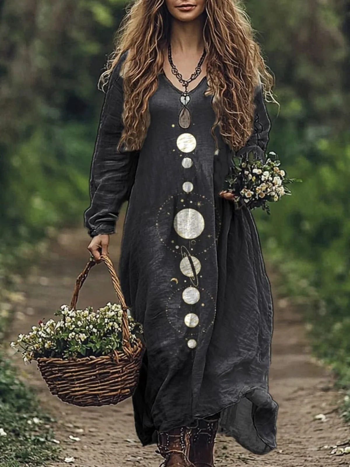 Starry Sky V Neck Long Sleeve Comfy Maxi Dress