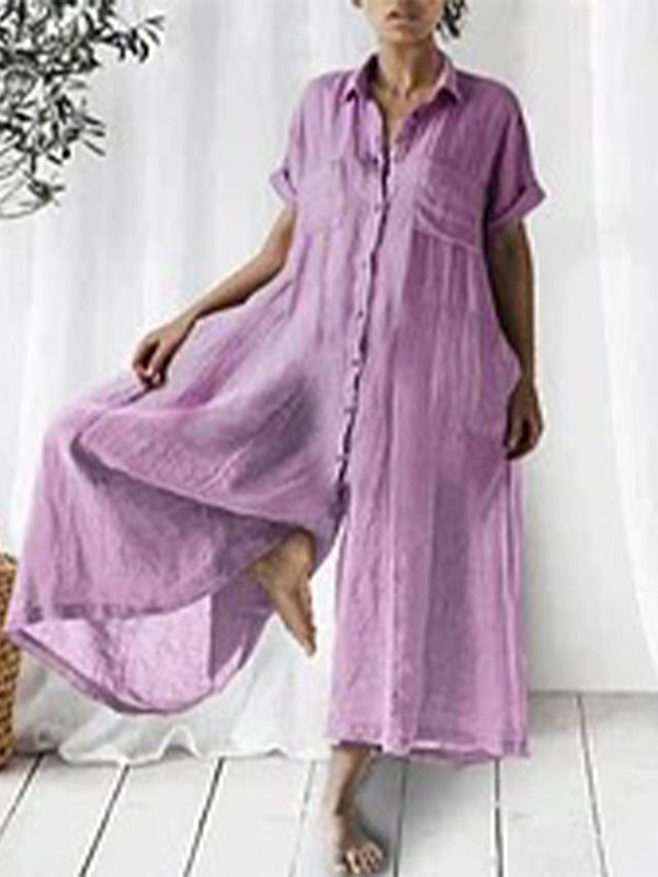 Casual Solid Linen Loose Lapel Jumpsuit