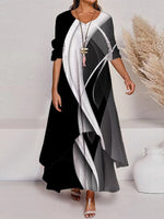 Casual Color Block Button Layered 3/4 Sleeves Crew Neck Maxi Dress