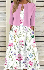 Robe deux pièces décontractée et élégante à imprimé floral, poches, manches courtes et col en V