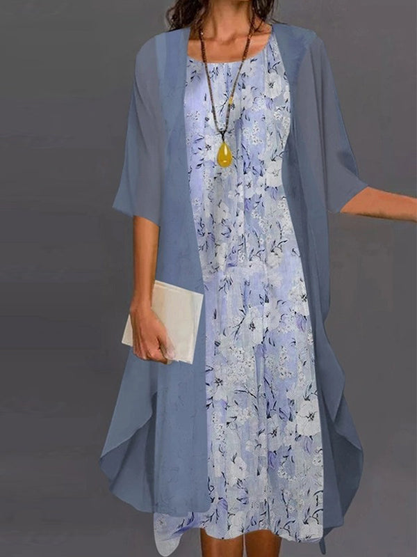 Casual Floral Print Half Sleeve Crew Neck Two Piece Dress