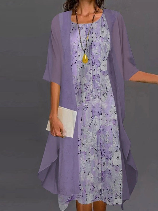 Casual Floral Print Half Sleeve Crew Neck Two Piece Dress