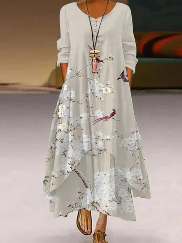 Casual Floral Crew Neck Long Sleeve Layered Hem Maxi Dress