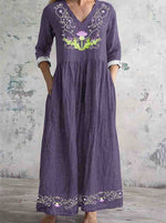 Floral V-Neck Long Sleeve Comfy Vintage Maxi Dress