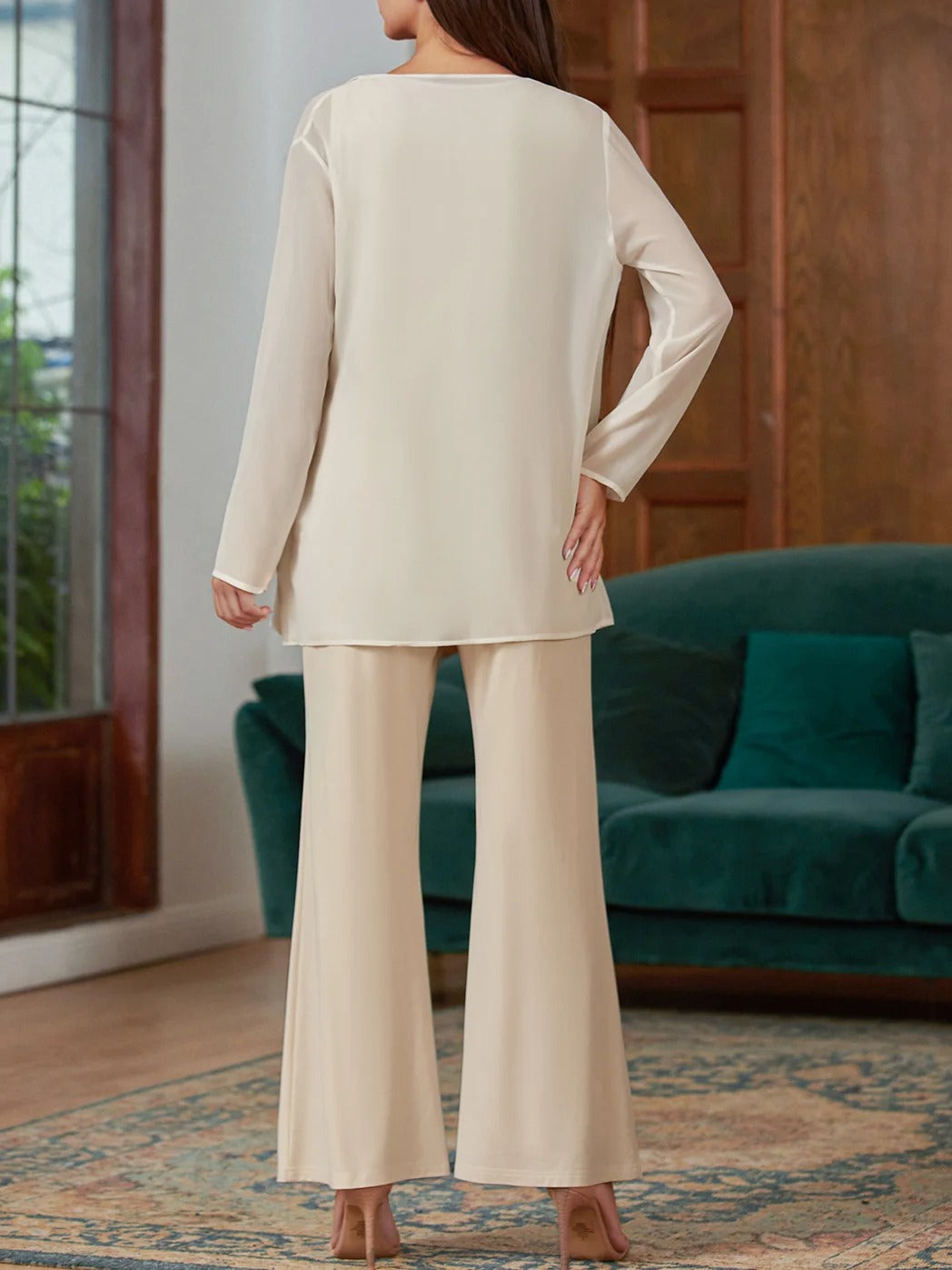 Elegant Loose V Neck Chiffon Matching Outfit Mother The Bride 3 PCS Pantsuits