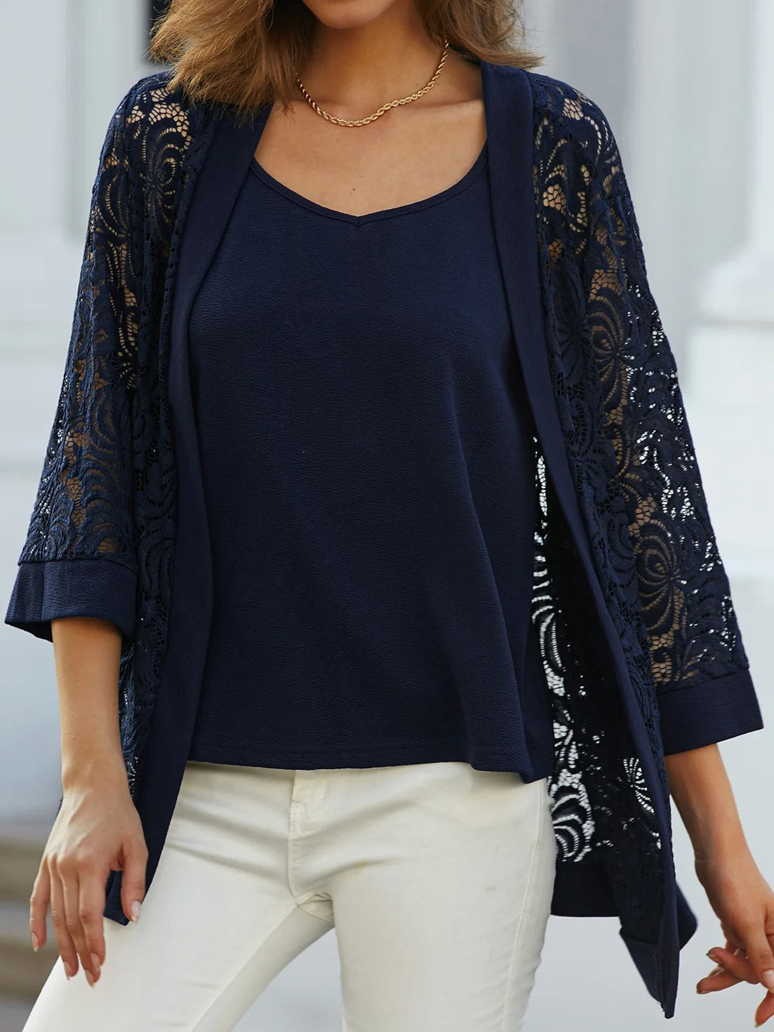 Plain Daily Going Out Two Piece Set Three Quarter Sleeve Casual Spring/Fall Coat Cami Matching Set